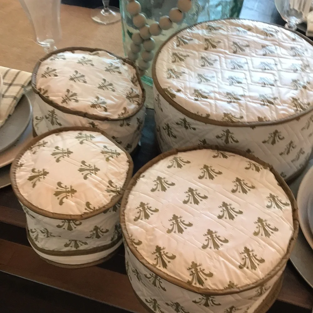 Vintage RARE Fleur De Lis Print Quilted Plastic Round Zipper Storage Set…